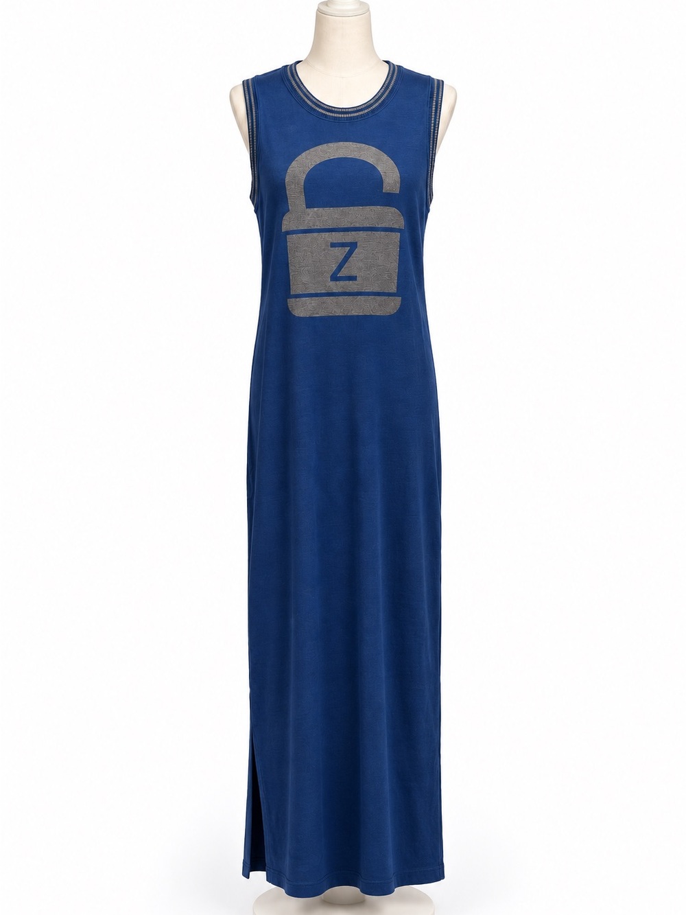 ZALEVSKIY Designer Dusty Blue Knit Maxi Dress One of a Kind Z Graphic